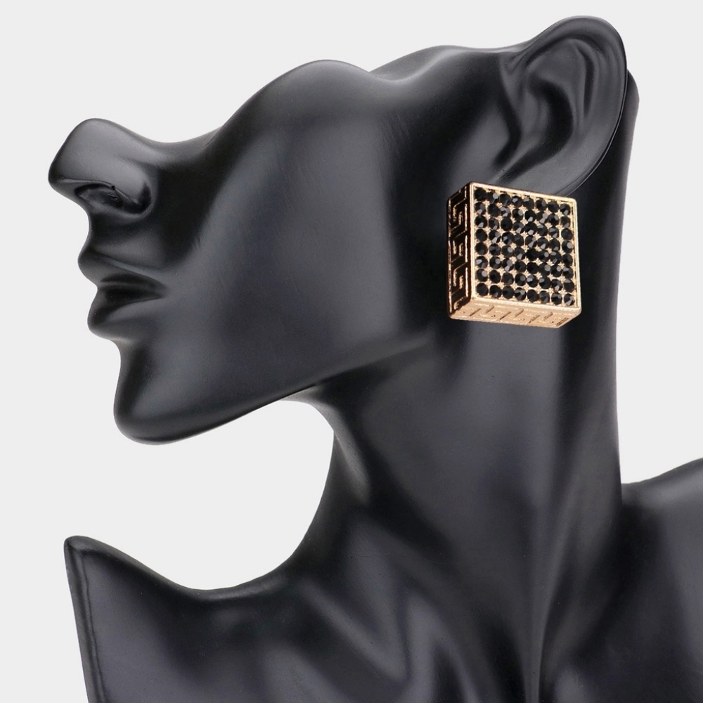 Jet Black & Gold Greek Key Patterned Rhinestone Crystal Square Stud Earrings